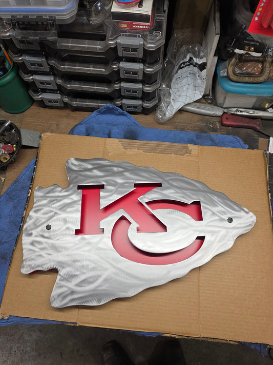 Kansas City Chiefs Double Layer Metal Sign –Cleared Brushed Steel & Red Wall Decor